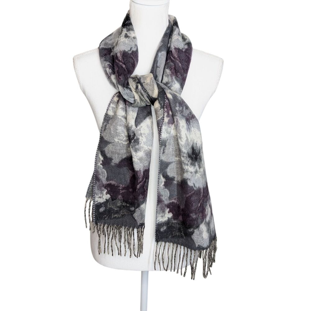 Vintage Dillard's Fringe Scarf Acrylic Soft Black Gray White Purple Floral Warm